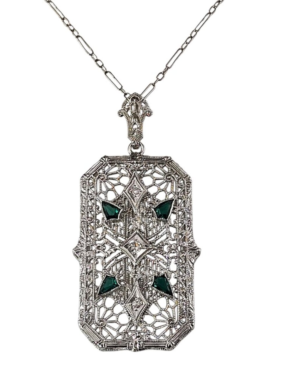 14K White Gold, Diamond and Synthetic Emerald Filigree Pendant Necklace #25134